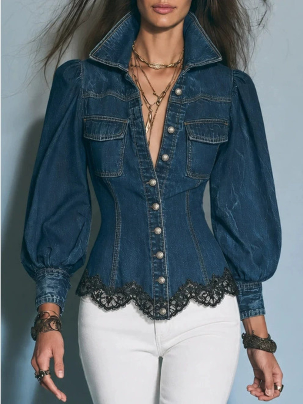 H&M Vintage Bohemian Denim Lace Trim Puff Sleeve Button Shirt